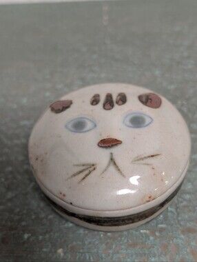 Takahashi Cat Trinket Box Glazed Pottery Ceramic Folk Art Japan Vintage